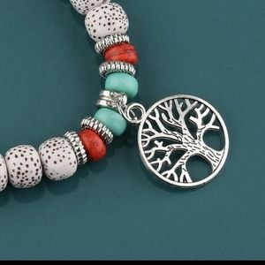 Boho Beaded Turquoise & Silver Tree of Life Charm Bracelet 🏵️